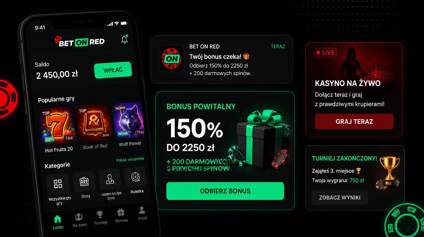 Telefon otrzymujący powiadomienie o bonusie, alert o live casino