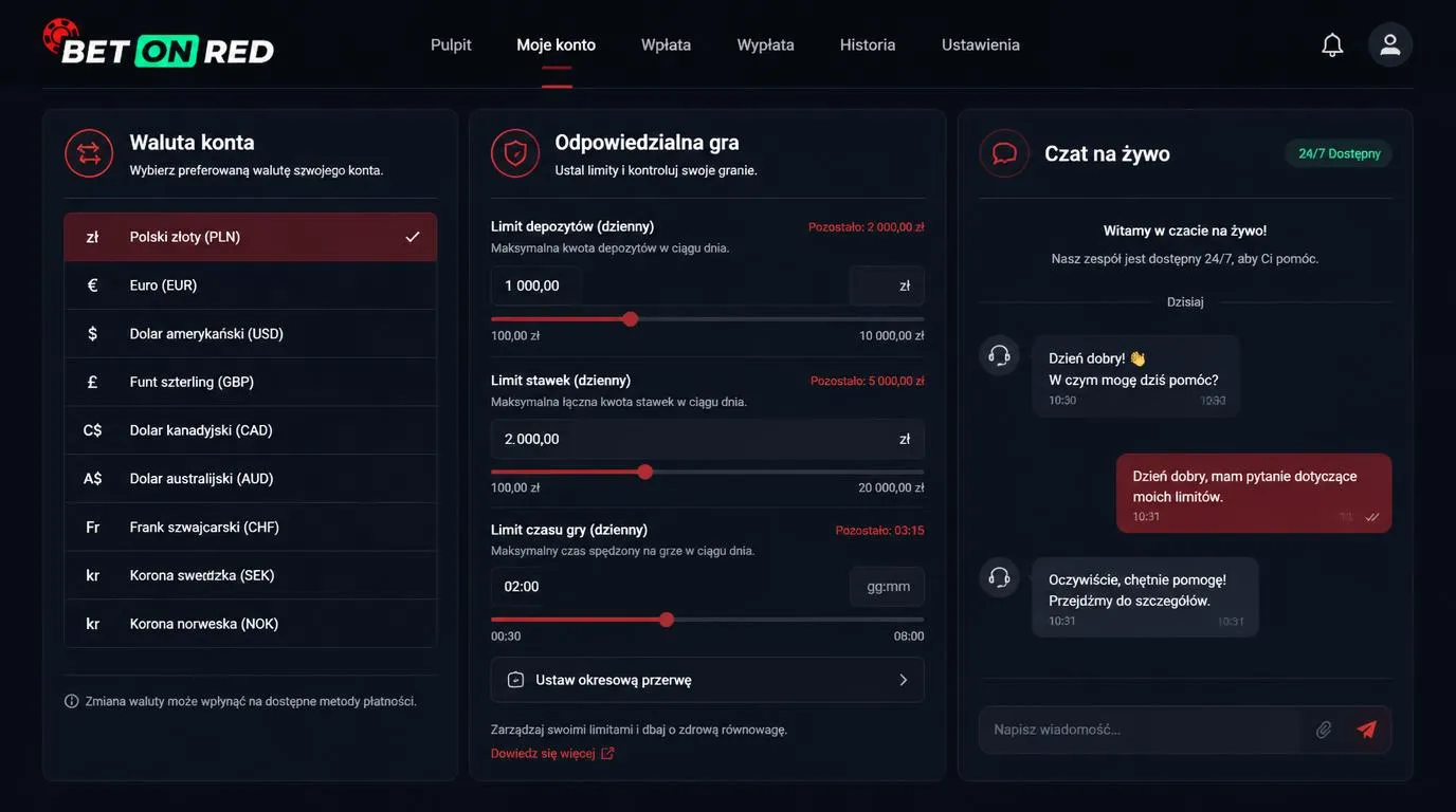 Widok konta kasyna z wyborem waluty, opcjami odpowiedzialnej gry i czatem dostępnym całą dobę